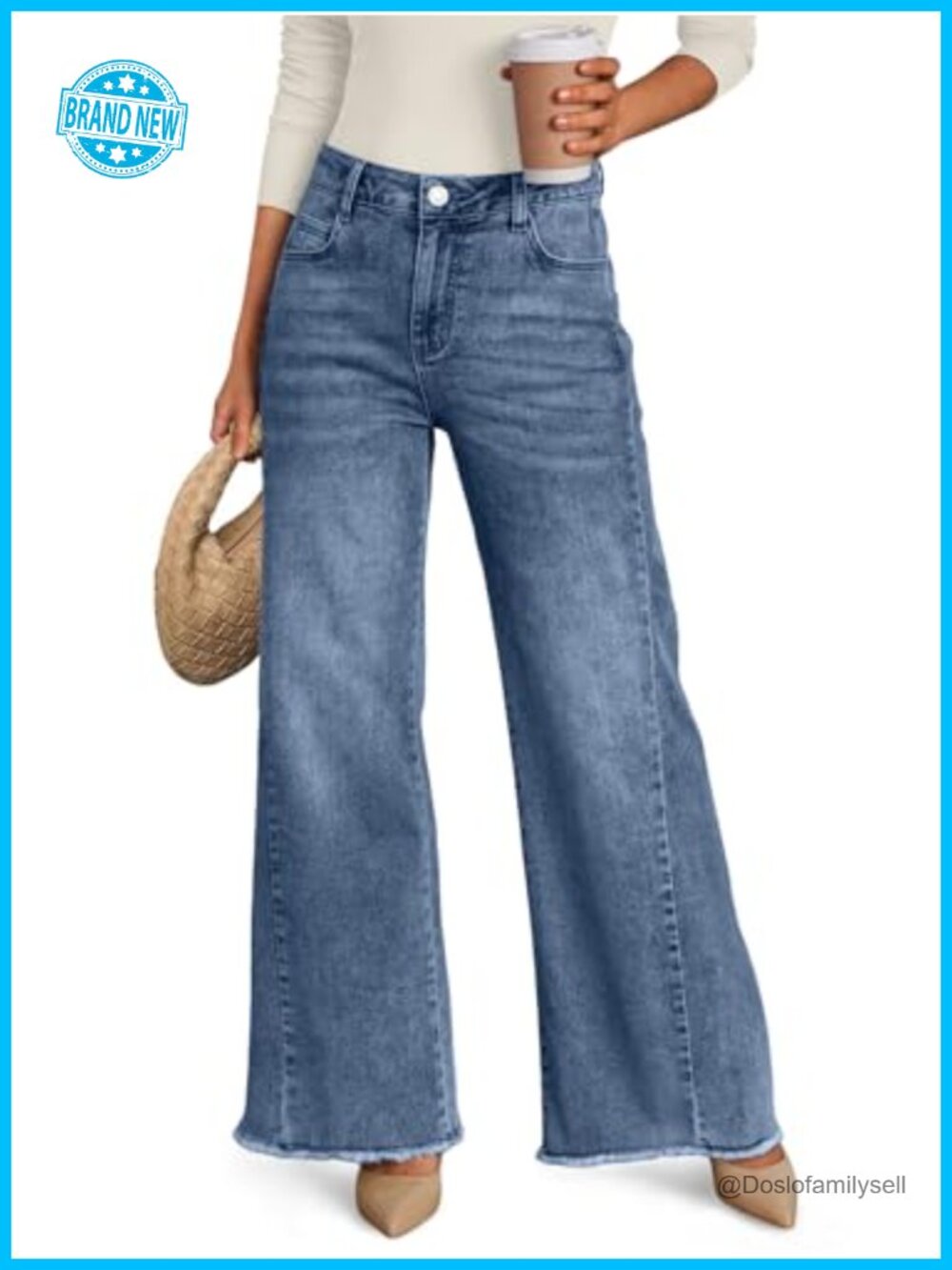 Wide Leg Jeans Relaxed Loose Fit Raw Hem Mid Rise Button Fly